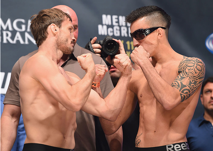LAS VEGAS, NV - JULY 10: (L-R) Brad Pickett and Thomas Almeida during the UFC 189 weigh-in inside MGM Grand Garden Arena on July 10, 2015 in Las Vegas, Nevada. (Photo by Josh Hedges/Zuffa LLC/Zuffa LLC via Getty Images)