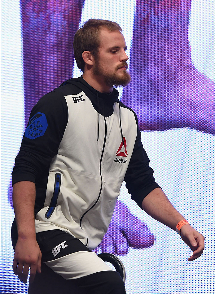 LAS VEGAS, NV - JULY 10:  Gunnar Nelson walks onto the stage during the UFC 189 weigh-in inside MGM Grand Garden Arena on July 10, 2015 in Las Vegas, Nevada.  (Photo by Josh Hedges/Zuffa LLC/Zuffa LLC via Getty Images)