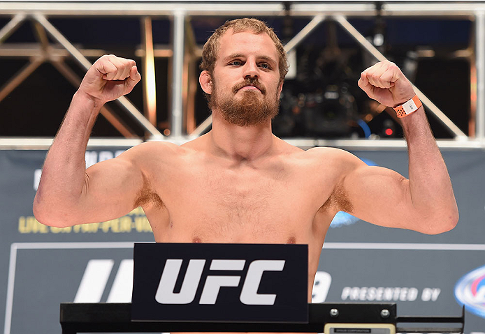 LAS VEGAS, NV - JULY 10:  Gunnar Nelson steps onto the scale during the UFC 189 weigh-in inside MGM Grand Garden Arena on July 10, 2015 in Las Vegas, Nevada.  (Photo by Josh Hedges/Zuffa LLC/Zuffa LLC via Getty Images)