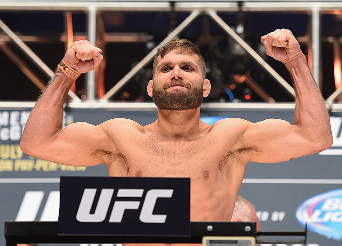 LAS VEGAS, NV - JULY 10:  Jeremy Stephens steps onto the scale during the UFC 189 weigh-in inside MGM Grand Garden Arena on July 10, 2015 in Las Vegas, Nevada.  (Photo by Josh Hedges/Zuffa LLC/Zuffa LLC via Getty Images)