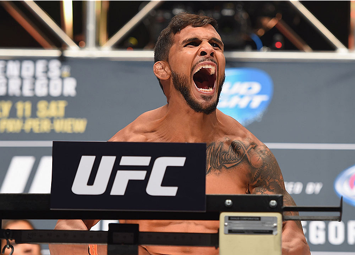 LAS VEGAS, NV - JULY 10:  Denis Bermudez steps onto the scale during the UFC 189 weigh-in inside MGM Grand Garden Arena on July 10, 2015 in Las Vegas, Nevada.  (Photo by Josh Hedges/Zuffa LLC/Zuffa LLC via Getty Images)