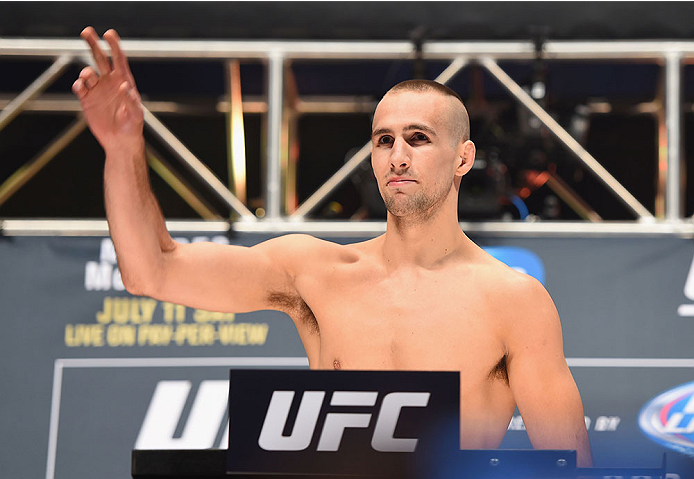 LAS VEGAS, NV - JULY 10: Rory MacDonald steps onto the scale during the UFC 189 weigh-in inside MGM Grand Garden Arena on July 10, 2015 in Las Vegas, Nevada. (Photo by Josh Hedges/Zuffa LLC/Zuffa LLC via Getty Images)