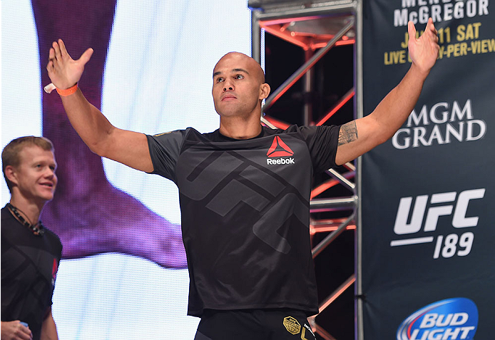 LAS VEGAS, NV - JULY 10:  UFC welterweight champion Robbie Lawler walks onto the stage during the UFC 189 weigh-in inside MGM Grand Garden Arena on July 10, 2015 in Las Vegas, Nevada.  (Photo by Josh Hedges/Zuffa LLC/Zuffa LLC via Getty Images)