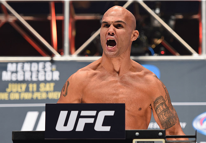 LAS VEGAS, NV - JULY 10: UFC welterweight champion Robbie Lawler steps onto the scale during the UFC 189 weigh-in inside MGM Grand Garden Arena on July 10, 2015 in Las Vegas, Nevada. (Photo by Josh Hedges/Zuffa LLC/Zuffa LLC via Getty Images)