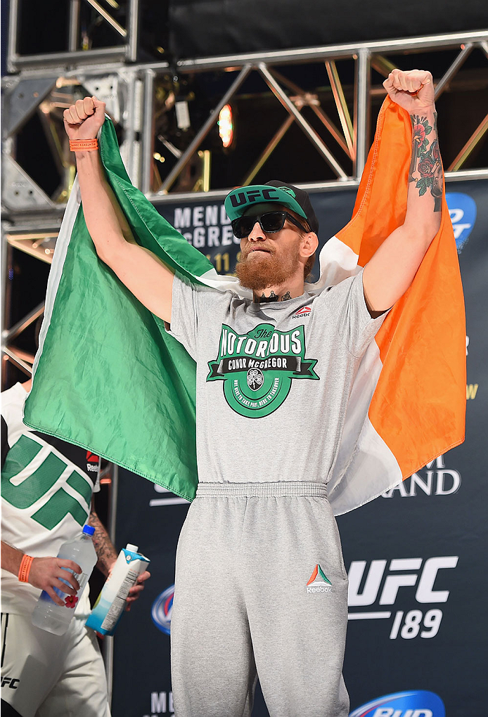 LAS VEGAS, NV - JULY 10:  Conor McGregor walks onto the stage during the UFC 189 weigh-in inside MGM Grand Garden Arena on July 10, 2015 in Las Vegas, Nevada.  (Photo by Josh Hedges/Zuffa LLC/Zuffa LLC via Getty Images)