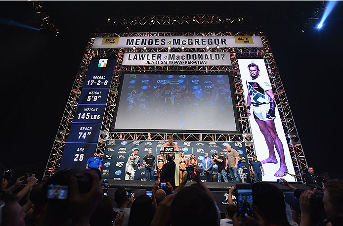 LAS VEGAS, NV - JULY 10: Conor McGregor steps onto the scale during the UFC 189 weigh-in inside MGM Grand Garden Arena on July 10, 2015 in Las Vegas, Nevada. (Photo by Josh Hedges/Zuffa LLC/Zuffa LLC via Getty Images)