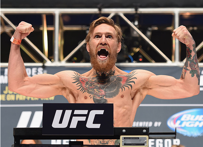 LAS VEGAS, NV - JULY 10: Conor McGregor steps onto the scale during the UFC 189 weigh-in inside MGM Grand Garden Arena on July 10, 2015 in Las Vegas, Nevada. (Photo by Josh Hedges/Zuffa LLC/Zuffa LLC via Getty Images)