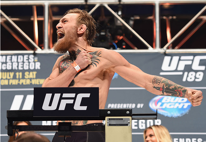 LAS VEGAS, NV - JULY 10: Conor McGregor steps onto the scale during the UFC 189 weigh-in inside MGM Grand Garden Arena on July 10, 2015 in Las Vegas, Nevada. (Photo by Josh Hedges/Zuffa LLC/Zuffa LLC via Getty Images)
