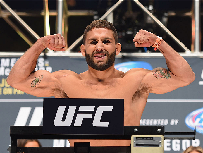 LAS VEGAS, NV - JULY 10:  Chad Mendes steps onto the scale during the UFC 189 weigh-in inside MGM Grand Garden Arena on July 10, 2015 in Las Vegas, Nevada.  (Photo by Josh Hedges/Zuffa LLC/Zuffa LLC via Getty Images)