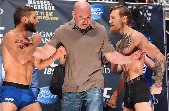 LAS VEGAS, NV - JULY 10:  (L-R) Chad Mendes and Conor McGregor face off during the UFC 189 weigh-in inside MGM Grand Garden Arena on July 10, 2015 in Las Vegas, Nevada.  (Photo by Josh Hedges/Zuffa LLC/Zuffa LLC via Getty Images)