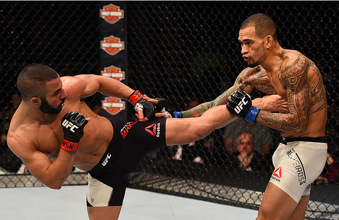 LAS VEGAS, NV - DECEMBER 12: (L-R) John Makedssi of Canada kicks Yancy Medeiros in their lightweight bout during the UFC 194 event inside MGM Grand Garden Arena on December 12, 2015 in Las Vegas, Nevada. (Photo by Josh Hedges/Zuffa LLC/Zuffa LLC via Gett