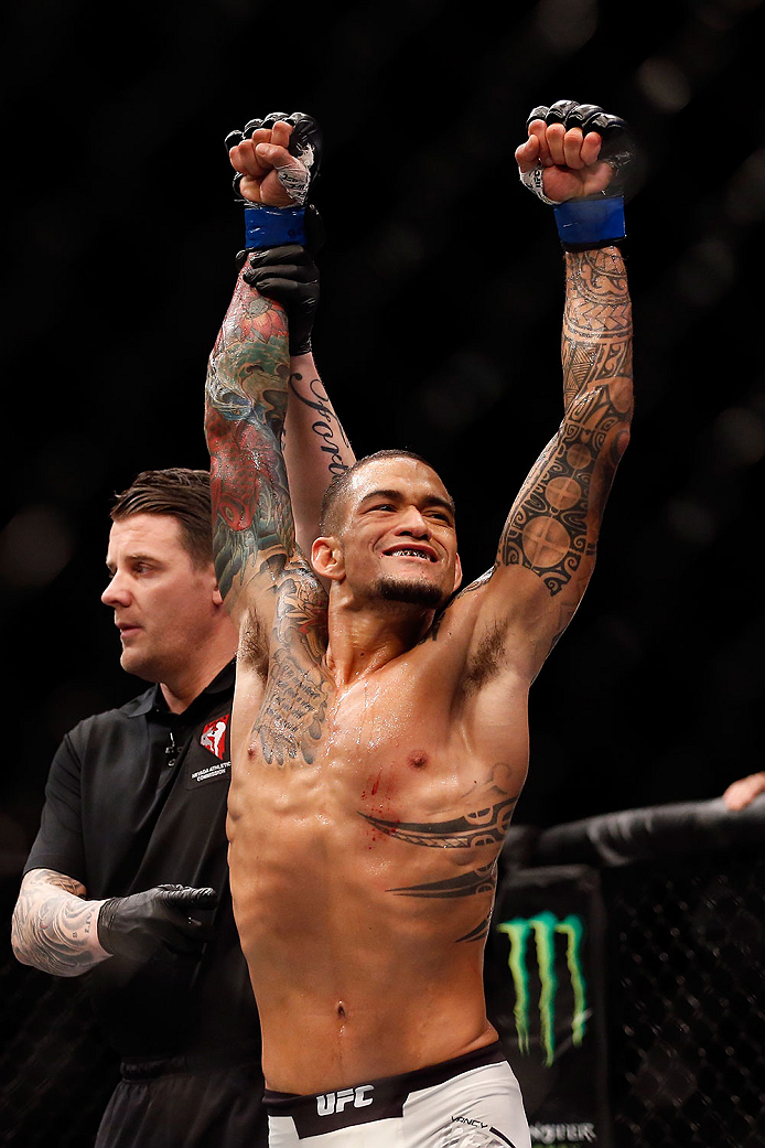 LAS VEGAS, NV - DECEMBER 12: Yancy Medeiros reacts to his victory over John Makedssi of Canada in their lightweight bout during the UFC 194 event inside MGM Grand Garden Arena on December 12, 2015 in Las Vegas, Nevada. (Photo by Christian Petersen/Zuffa