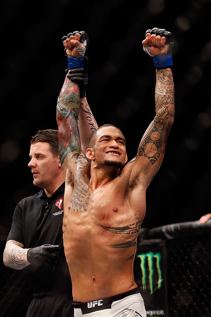 LAS VEGAS, NV - DECEMBER 12:  Yancy Medeiros reacts to his victory over John Makedssi of Canada in their lightweight bout during the UFC 194 event inside MGM Grand Garden Arena on December 12, 2015 in Las Vegas, Nevada.  (Photo by Christian Petersen/Zuffa