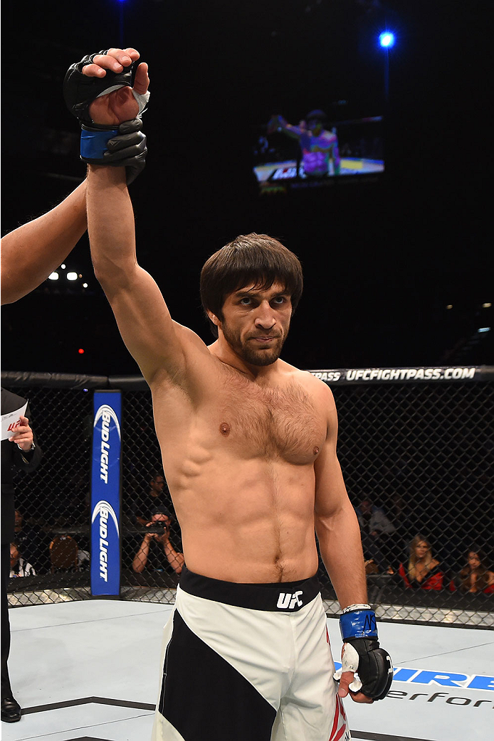 LAS VEGAS, NV - DECEMBER 12: Magomed Mustafaev of Russia is declared the winner over Joe Proctor in their lightweight bout during the UFC 194 event inside MGM Grand Garden Arena on December 12, 2015 in Las Vegas, Nevada.  (Photo by Josh Hedges/Zuffa LLC/Z