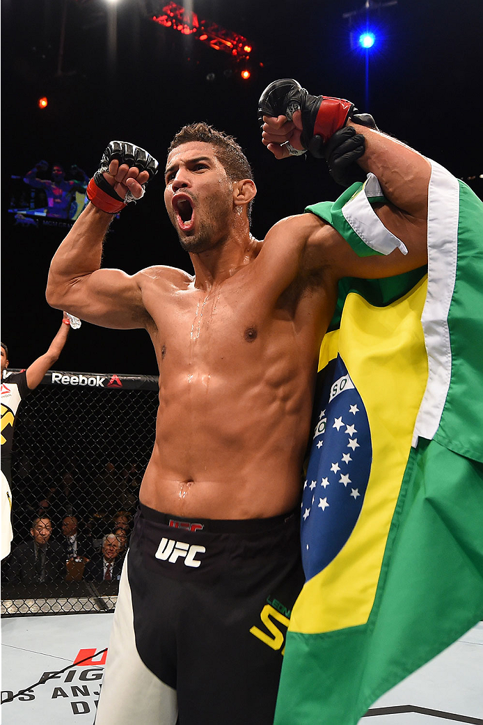 LAS VEGAS, NV - DECEMBER 12:  Leonardo Santos of Brazil reacts to his victory over Kevin Lee in their lightweight bout during the UFC 194 event inside MGM Grand Garden Arena on December 12, 2015 in Las Vegas, Nevada.  (Photo by Josh Hedges/Zuffa LLC/Zuffa