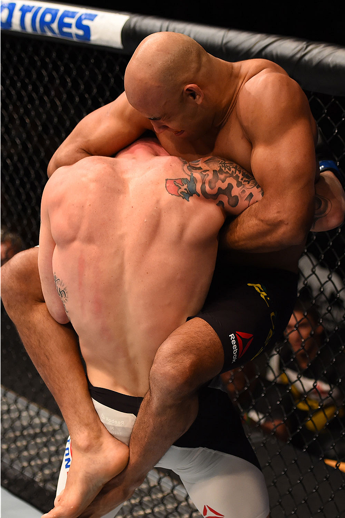 LAS VEGAS, NV - DECEMBER 12: Warlley Alves of Brazil (top) attempts to submit Colby Covington in their welterweight bout during the UFC 194 event inside MGM Grand Garden Arena on December 12, 2015 in Las Vegas, Nevada. (Photo by Josh Hedges/Zuffa LLC/Zuf