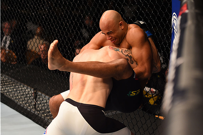 LAS VEGAS, NV - DECEMBER 12: Warlley Alves of Brazil (top) attempts to submit Colby Covington in their welterweight bout during the UFC 194 event inside MGM Grand Garden Arena on December 12, 2015 in Las Vegas, Nevada. (Photo by Josh Hedges/Zuffa LLC/Zu