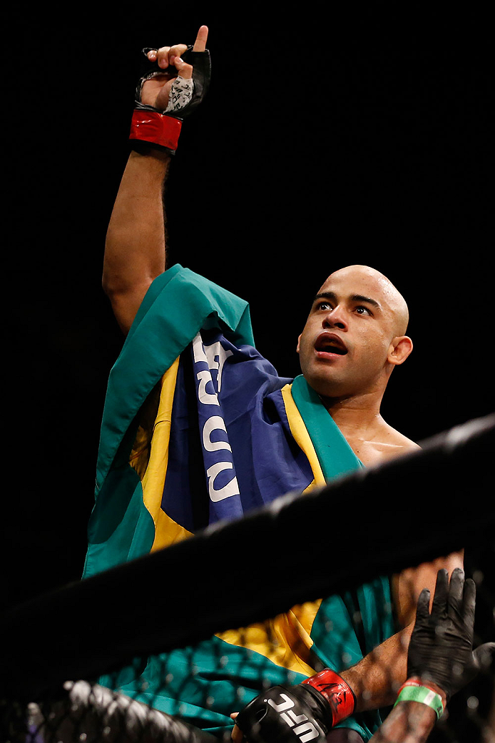 LAS VEGAS, NV - DECEMBER 12: Warlley Alves of Brazil reacts to his victory over Colby Covington in their welterweight bout during the UFC 194 event inside MGM Grand Garden Arena on December 12, 2015 in Las Vegas, Nevada. (Photo by Christian Petersen/Zuff
