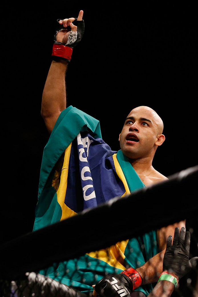 LAS VEGAS, NV - DECEMBER 12: Warlley Alves of Brazil reacts to his victory over Colby Covington in their welterweight bout during the UFC 194 event inside MGM Grand Garden Arena on December 12, 2015 in Las Vegas, Nevada.  (Photo by Christian Petersen/Zuff