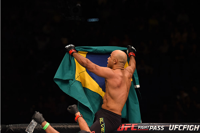 LAS VEGAS, NV - DECEMBER 12:  Warlley Alves of Brazil reacts to his victory over Colby Covington in their welterweight bout during the UFC 194 event inside MGM Grand Garden Arena on December 12, 2015 in Las Vegas, Nevada.  (Photo by Josh Hedges/Zuffa LLC/