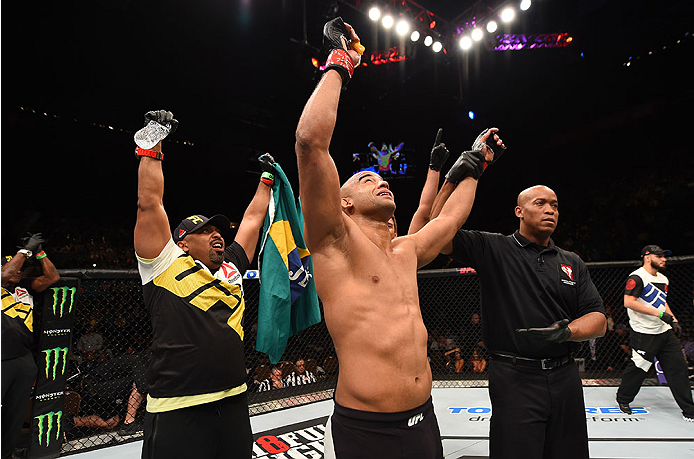 LAS VEGAS, NV - DECEMBER 12:  Warlley Alves of Brazil reacts to his victory over Colby Covington in their welterweight bout during the UFC 194 event inside MGM Grand Garden Arena on December 12, 2015 in Las Vegas, Nevada.  (Photo by Josh Hedges/Zuffa LLC/