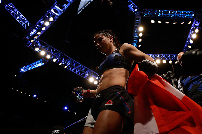 LAS VEGAS, NV - DECEMBER 12: Tecia Torres leaves the Octagon after defeating Jocelyn Jones-Lybarger in their women's strawweight bout during the UFC 194 event inside MGM Grand Garden Arena on December 12, 2015 in Las Vegas, Nevada. (Photo by Christian Pe