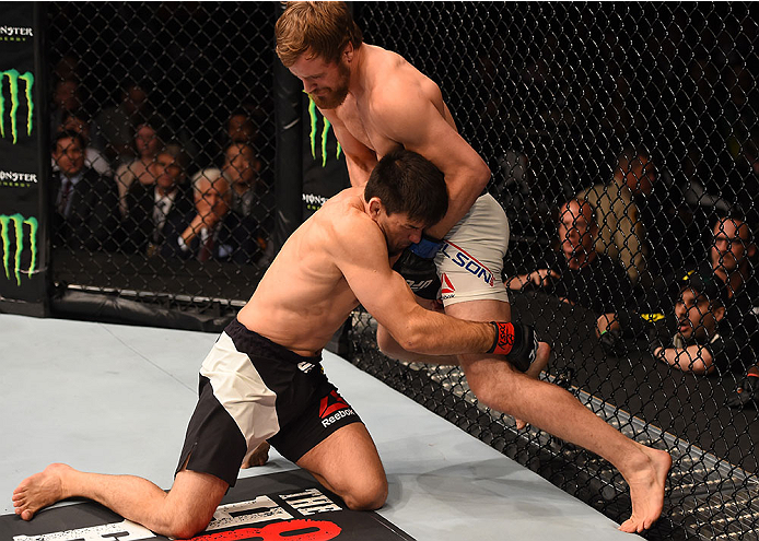 LAS VEGAS, NV - DECEMBER 12: (L-R) Demian Maia of Brazil attempts to take down Gunnar Nelson of Iceland in their welterweight bout during the UFC 194 event inside MGM Grand Garden Arena on December 12, 2015 in Las Vegas, Nevada. (Photo by Josh Hedges/Zuf