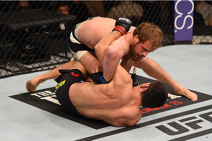 LAS VEGAS, NV - DECEMBER 12: Gunnar Nelson of Iceland (top) grapples with Demian Maia of Brazil in their welterweight bout during the UFC 194 event inside MGM Grand Garden Arena on December 12, 2015 in Las Vegas, Nevada.  (Photo by Josh Hedges/Zuffa LLC/Z