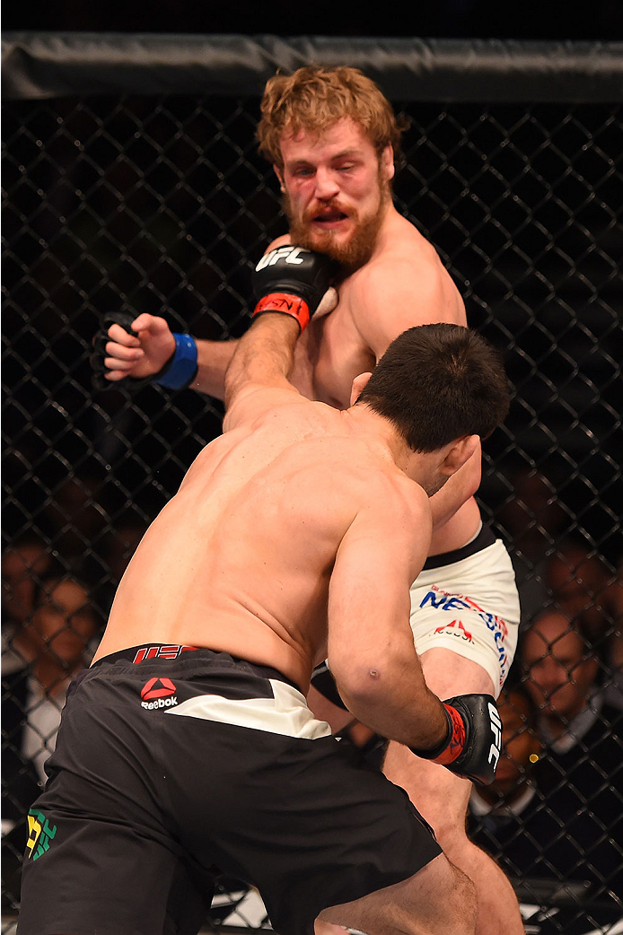 LAS VEGAS, NV - DECEMBER 12: Demian Maia of Brazil (bottom) punches Gunnar Nelson of Iceland in their welterweight bout during the UFC 194 event inside MGM Grand Garden Arena on December 12, 2015 in Las Vegas, Nevada. (Photo by Josh Hedges/Zuffa LLC/Zuff