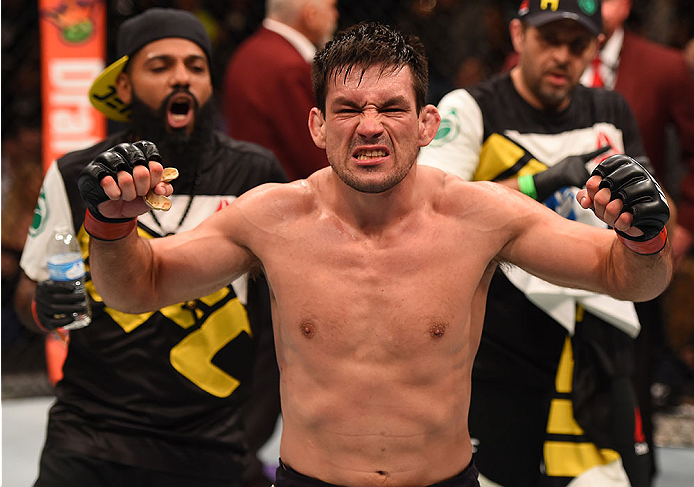 LAS VEGAS, NV - DECEMBER 12: Demian Maia of Brazil reacts to his victory over Gunnar Nelson of Iceland in their welterweight bout during the UFC 194 event inside MGM Grand Garden Arena on December 12, 2015 in Las Vegas, Nevada. (Photo by Josh Hedges/Zuf