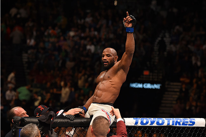 LAS VEGAS, NV - DECEMBER 12:  Yoel Romero of Cuba reacts to his victory over Ronaldo 'Jacare' Souza of Brazil in their middleweight bout during the UFC 194 event inside MGM Grand Garden Arena on December 12, 2015 in Las Vegas, Nevada.  (Photo by Josh Hedg