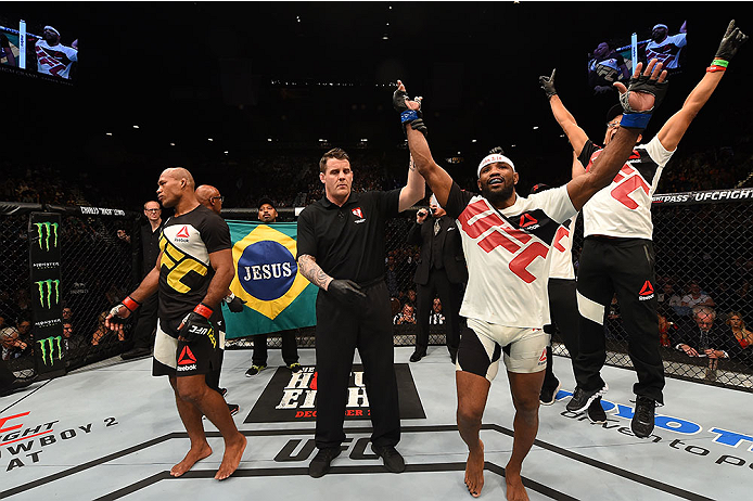 LAS VEGAS, NV - DECEMBER 12:  Yoel Romero of Cuba (right) reacts after being declared the winner over Ronaldo 'Jacare' Souza (left) in their middleweight bout during the UFC 194 event inside MGM Grand Garden Arena on December 12, 2015 in Las Vegas, Nevada