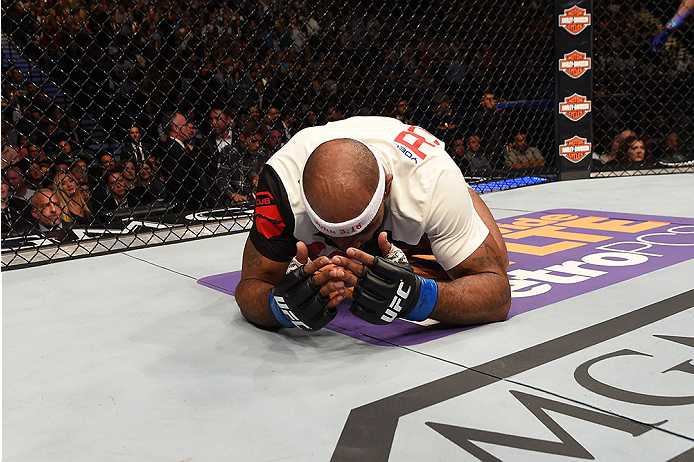 LAS VEGAS, NV - DECEMBER 12: Yoel Romero of Cuba reacts after being declared the winner against Ronaldo 'Jacare' Souza of Brazil in their middleweight bout during the UFC 194 event inside MGM Grand Garden Arena on December 12, 2015 in Las Vegas, Nevada.