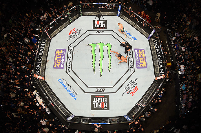 LAS VEGAS, NV - DECEMBER 12: An overhead view of the Octagon as Conor McGregor of Ireland reacts to his victory over Jose Aldo of Brazil during the UFC 194 event inside MGM Grand Garden Arena on December 12, 2015 in Las Vegas, Nevada.  (Photo by Zuffa LLC