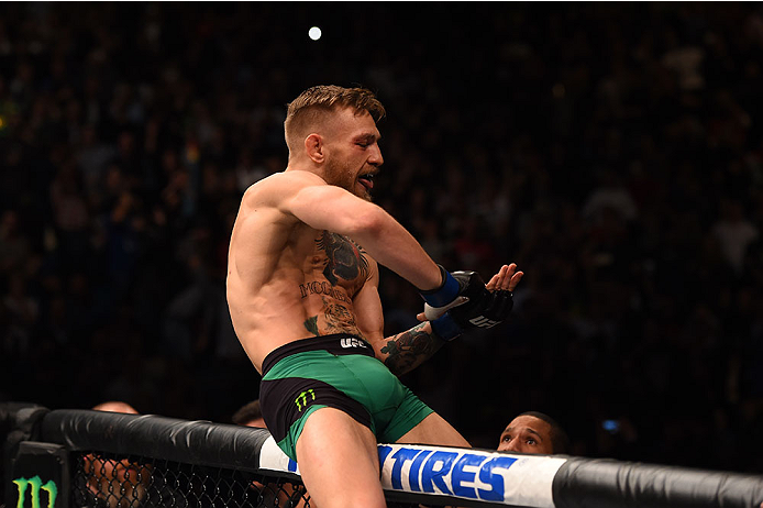 LAS VEGAS, NV - DECEMBER 12:  Conor McGregor of Ireland reacts to his victory over Jose Aldo of Brazil in their UFC featherweight championship bout during the UFC 194 event inside MGM Grand Garden Arena on December 12, 2015 in Las Vegas, Nevada.  (Photo b