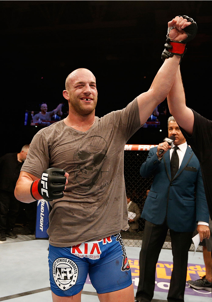 ALBUQUERQUE, NM - JUNE 07:  Patrick Cummins reacts after his TKO victory over Roger Narvaez in their light heavyweight fight during the UFC Fight Night event at Tingley Coliseum on June 7, 2014 in Albuquerque, New Mexico.  (Photo by Josh Hedges/Zuffa LLC/