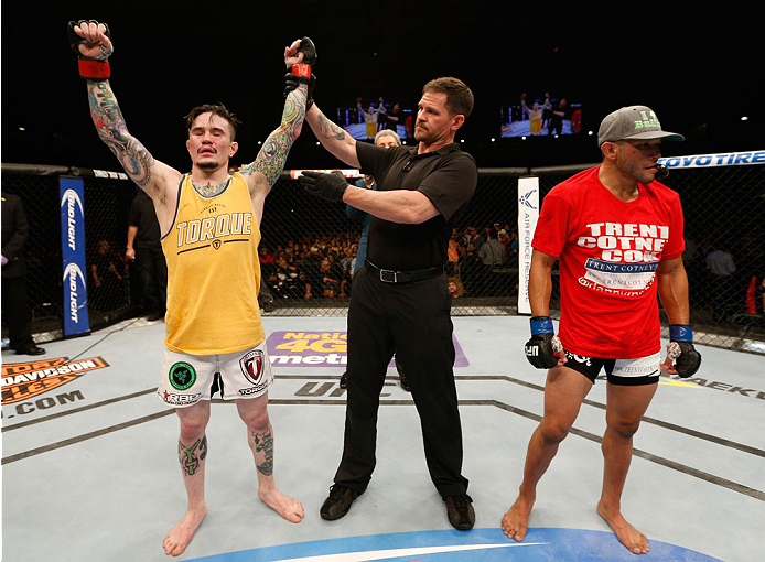 ALBUQUERQUE, NM - JUNE 07: Scott Jorgense reacts after his decision victory over Danny Martinez in their flyweight fight during the UFC Fight Night event at Tingley Coliseum on June 7, 2014 in Albuquerque, New Mexico. (Photo by Josh Hedges/Zuffa LLC/Zuf