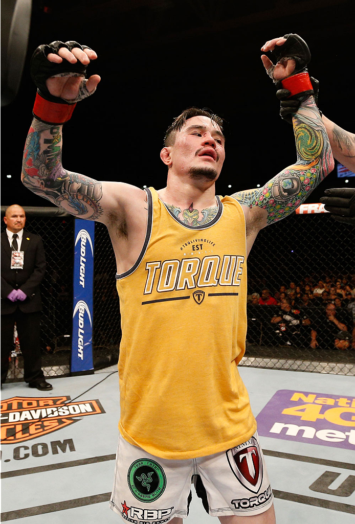 ALBUQUERQUE, NM - JUNE 07: Scott Jorgense reacts after his decision victory over Danny Martinez in their flyweight fight during the UFC Fight Night event at Tingley Coliseum on June 7, 2014 in Albuquerque, New Mexico. (Photo by Josh Hedges/Zuffa LLC/Zuf