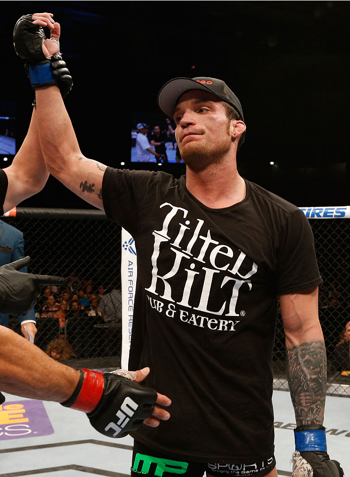 ALBUQUERQUE, NM - JUNE 07:  Lance Benoist reacts after his decision victory over Bobby Voelker in their welterweight fight during the UFC Fight Night event at Tingley Coliseum on June 7, 2014 in Albuquerque, New Mexico.  (Photo by Josh Hedges/Zuffa LLC/Zu