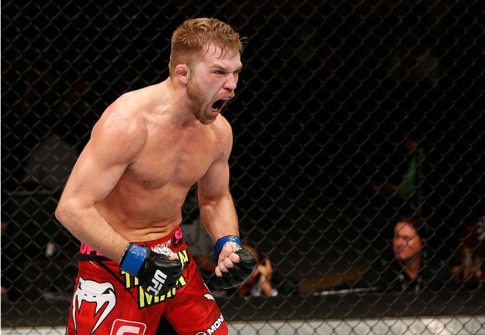 ALBUQUERQUE, NM - JUNE 07:  Bryan Caraway reacts after his submission victory over Erik Perez in their bantamweight fight during the UFC Fight Night event at Tingley Coliseum on June 7, 2014 in Albuquerque, New Mexico.  (Photo by Josh Hedges/Zuffa LLC/Zuf