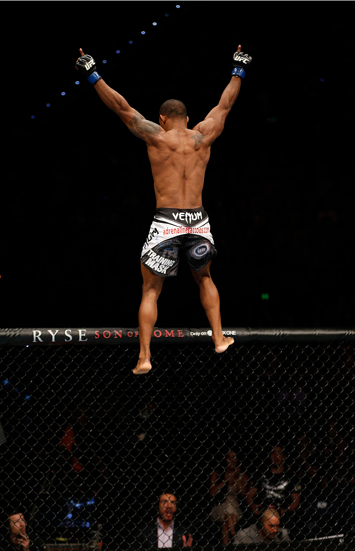 BRISBANE, AUSTRALIA - DECEMBER 07: Alex Garcia reacts after his knockout victory over Ben Wall in their welterweight fight during the UFC Fight Night event at the Brisbane Entertainment Centre on December 7, 2013 in Brisbane, Australia. (Photo by Josh He