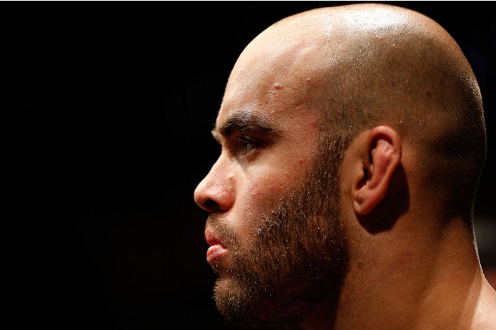 BRISBANE, AUSTRALIA - DECEMBER 07: Bruno Santos prepares to enter the Octagon before his middleweight fight against Krzysztof Jotko during the UFC Fight Night event at the Brisbane Entertainment Centre on December 7, 2013 in Brisbane, Australia. (Photo b