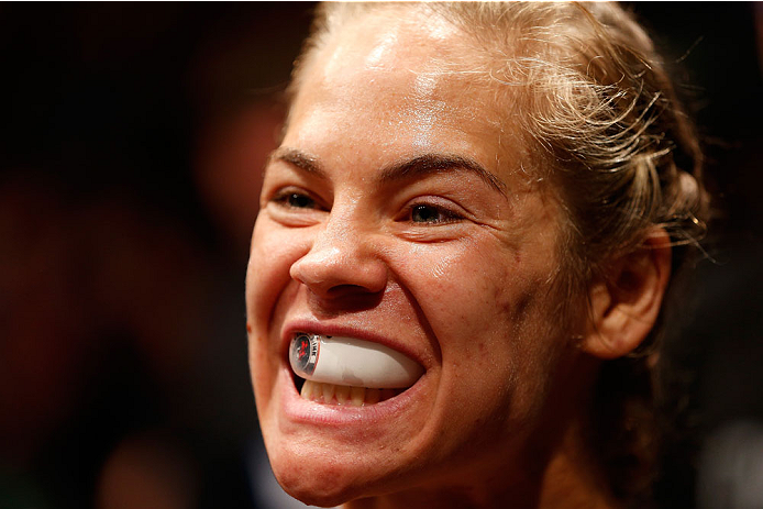 BRISBANE, AUSTRALIA - DECEMBER 07: Julie Kedzie prepares to enter the Octagon before her women's bantamweight fight against Bethe Correia during the UFC Fight Night event at the Brisbane Entertainment Centre on December 7, 2013 in Brisbane, Australia. (P