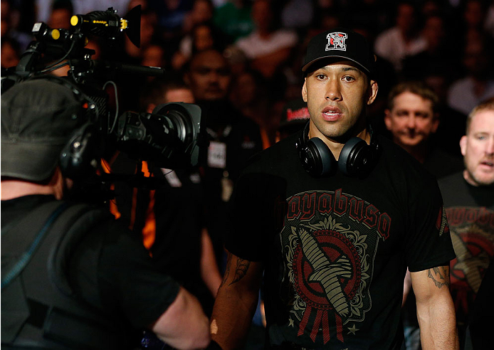 BRISBANE, AUSTRALIA - DECEMBER 07: Dylan Andrews enters the arena before his middleweight fight against Clint Hester during the UFC Fight Night event at the Brisbane Entertainment Centre on December 7, 2013 in Brisbane, Australia. (Photo by Josh Hedges/Z
