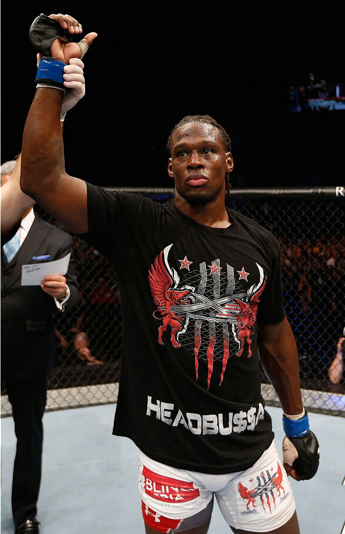 BRISBANE, AUSTRALIA - DECEMBER 07: Clint Hester reacts after his TKO victory over Dylan Andrews in their middleweight fight during the UFC Fight Night event at the Brisbane Entertainment Centre on December 7, 2013 in Brisbane, Australia. (Photo by Josh H