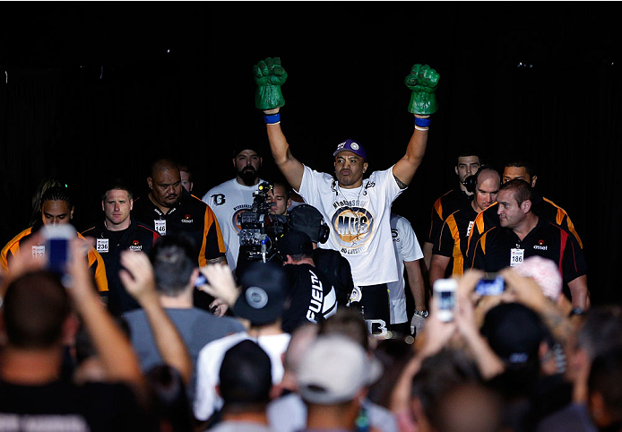 BRISBANE, AUSTRALIA - DECEMBER 07: Soa Palelei enters the arena before his heavyweight fight against Pat Barry during the UFC Fight Night event at the Brisbane Entertainment Centre on December 7, 2013 in Brisbane, Australia. (Photo by Josh Hedges/Zuffa L