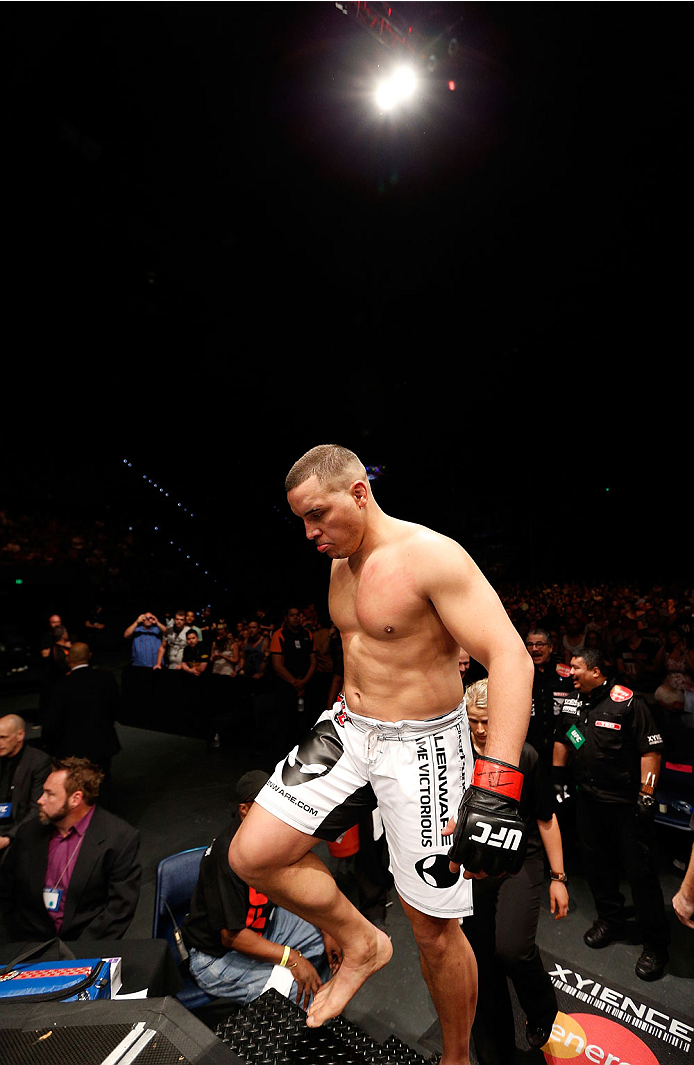BRISBANE, AUSTRALIA - DECEMBER 07: Pat Barry enters the Octagon before his heavyweight fight against Soa Palelei during the UFC Fight Night event at the Brisbane Entertainment Centre on December 7, 2013 in Brisbane, Australia. (Photo by Josh Hedges/Zuffa