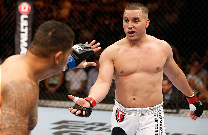 BRISBANE, AUSTRALIA - DECEMBER 07: (R-L) Pat Barry and Soa Palelei shake hands before their heavyweight fight during the UFC Fight Night event at the Brisbane Entertainment Centre on December 7, 2013 in Brisbane, Australia. (Photo by Josh Hedges/Zuffa LL