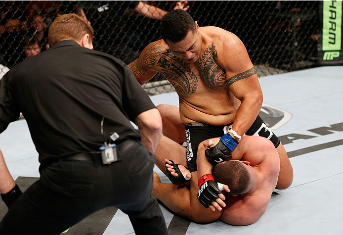 BRISBANE, AUSTRALIA - DECEMBER 07: Soa Palelei (top) punches Pat Barry in their heavyweight fight during the UFC Fight Night event at the Brisbane Entertainment Centre on December 7, 2013 in Brisbane, Australia. (Photo by Josh Hedges/Zuffa LLC/Zuffa LLC