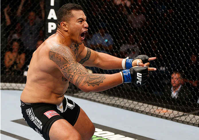 BRISBANE, AUSTRALIA - DECEMBER 07: Soa Palelei reacts after his TKO victory over Pat Barry in their heavyweight fight during the UFC Fight Night event at the Brisbane Entertainment Centre on December 7, 2013 in Brisbane, Australia. (Photo by Josh Hedges/